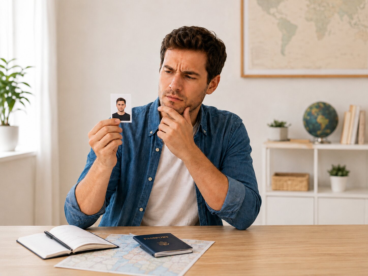 A Confused Man Holding A Passport Photo