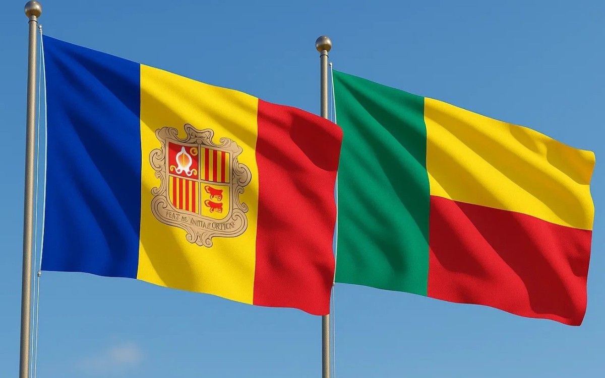 Andorra and Benin flags waving