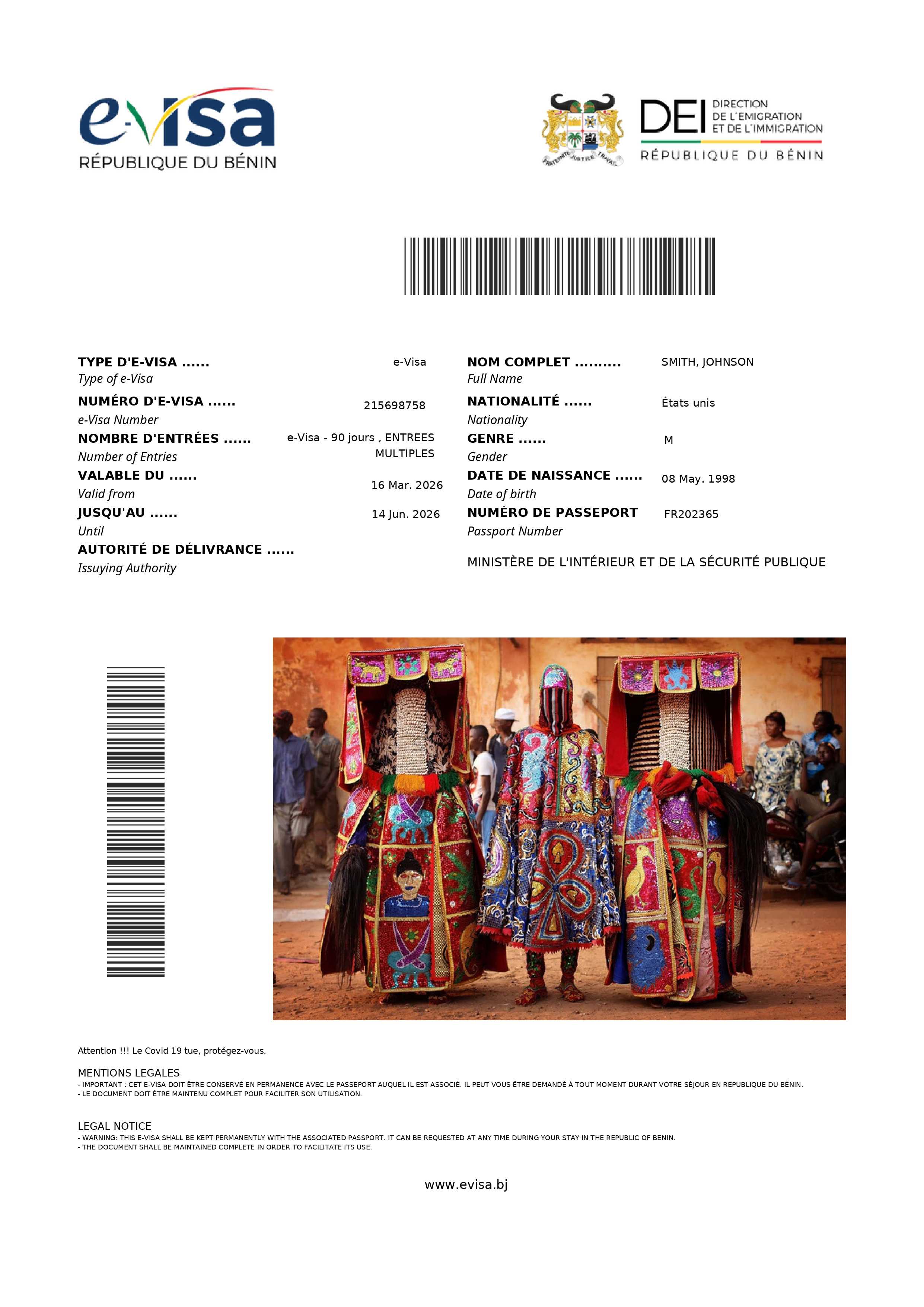 Benin 90 Day Evisa Sample