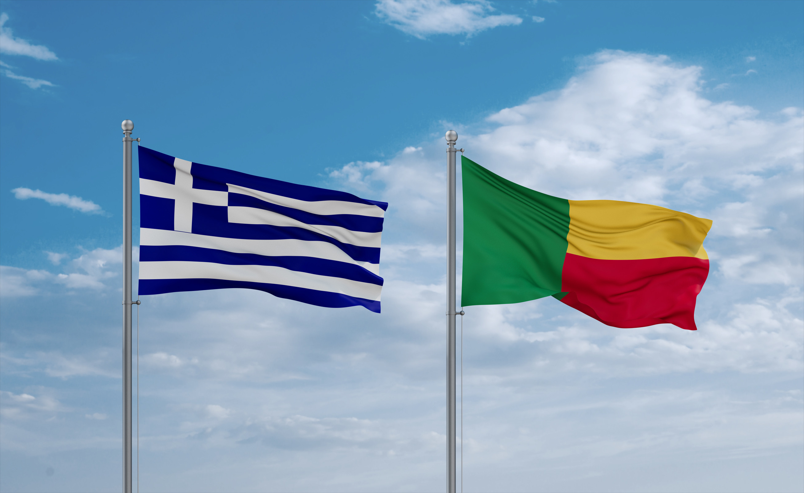 Benin And Greece Flags Waving Together