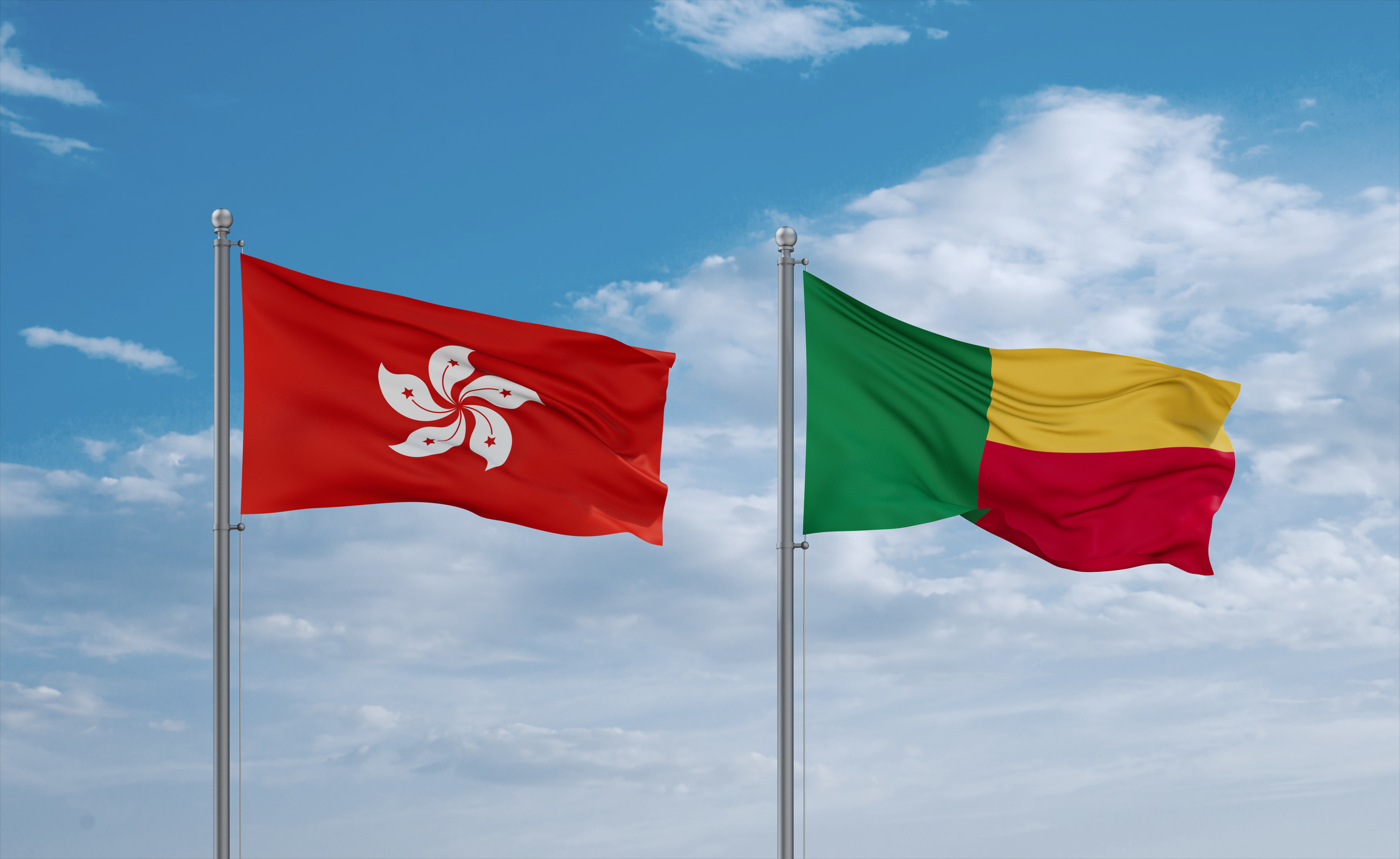 Benin And Hong Kong Flags Waving Together