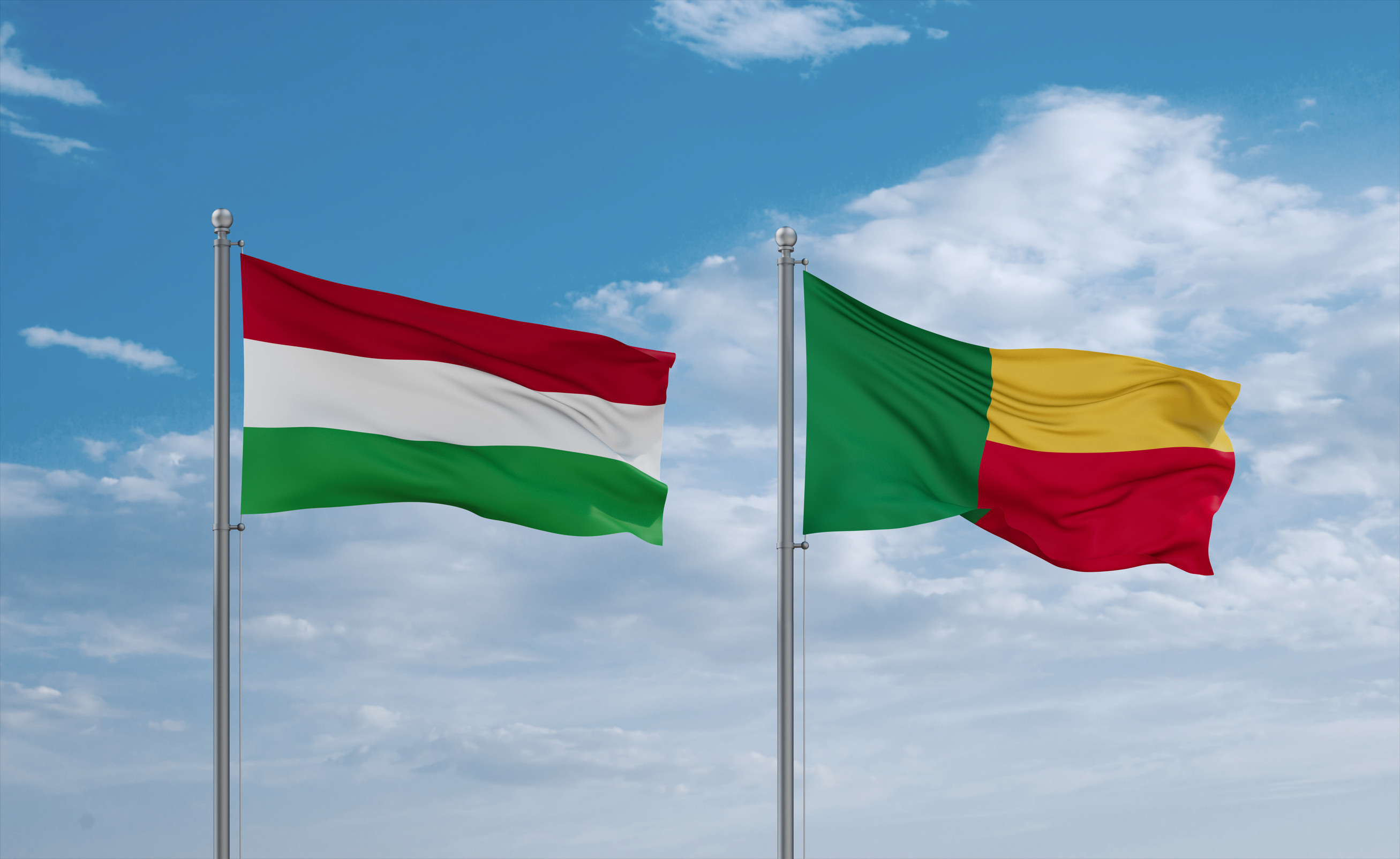 Benin And Hungary Flags Waving Together