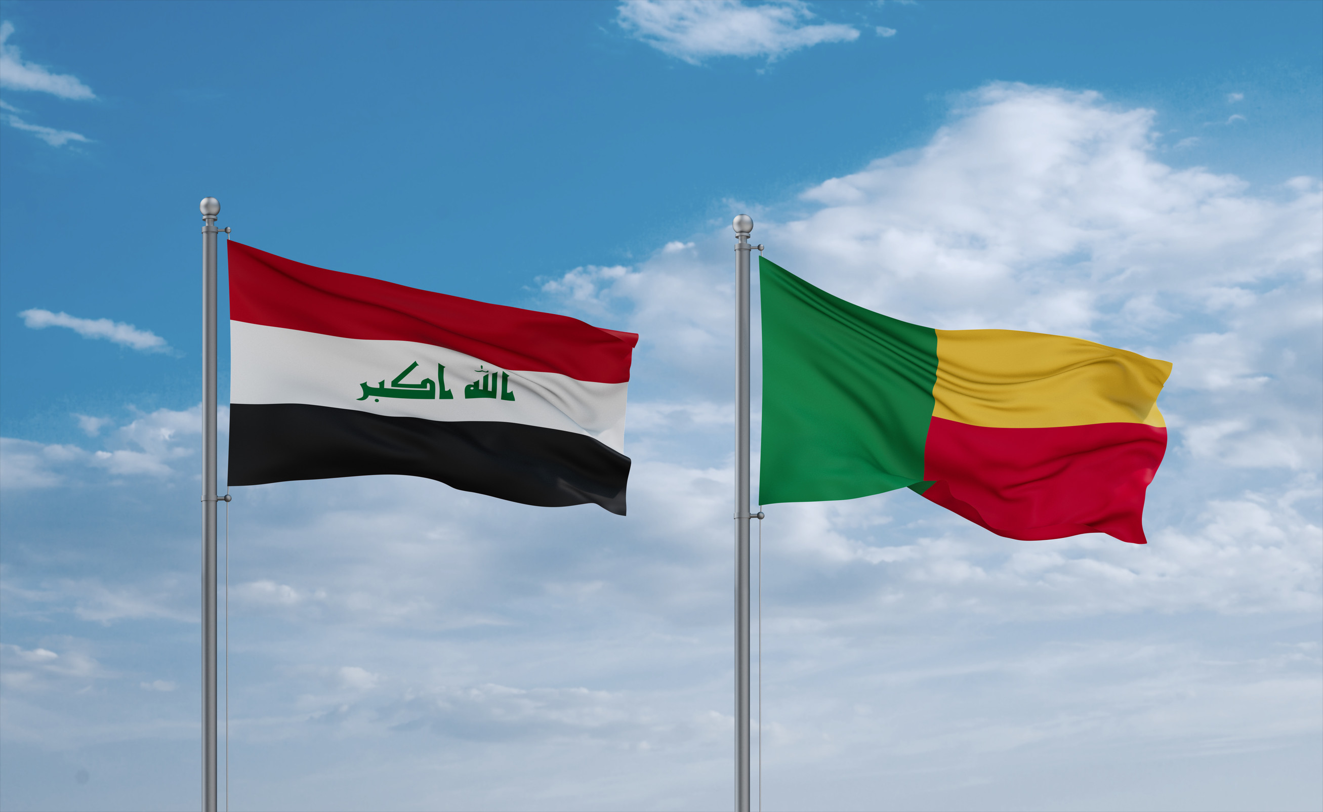 Benin And Iraq Flags Waving Together