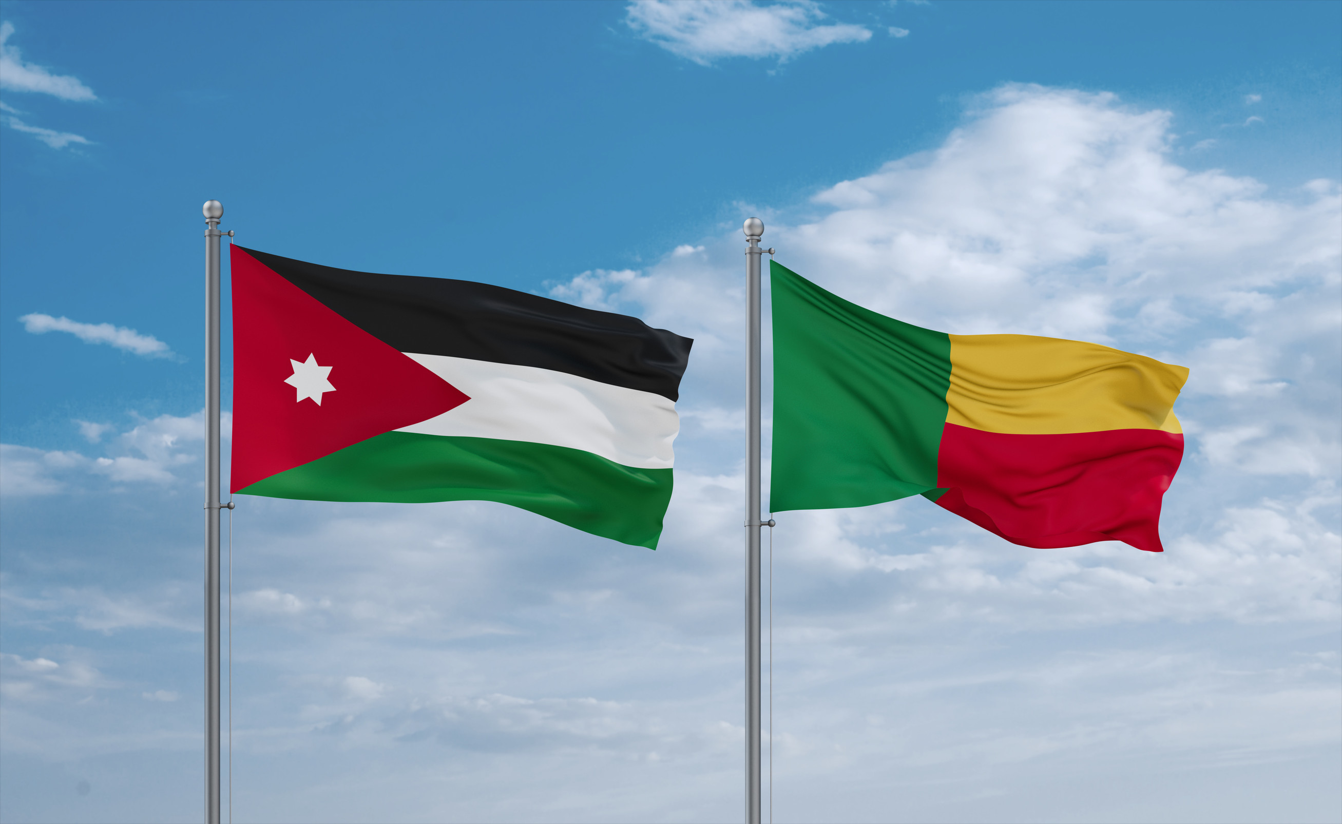 Benin And Jordan Flags Waving Together
