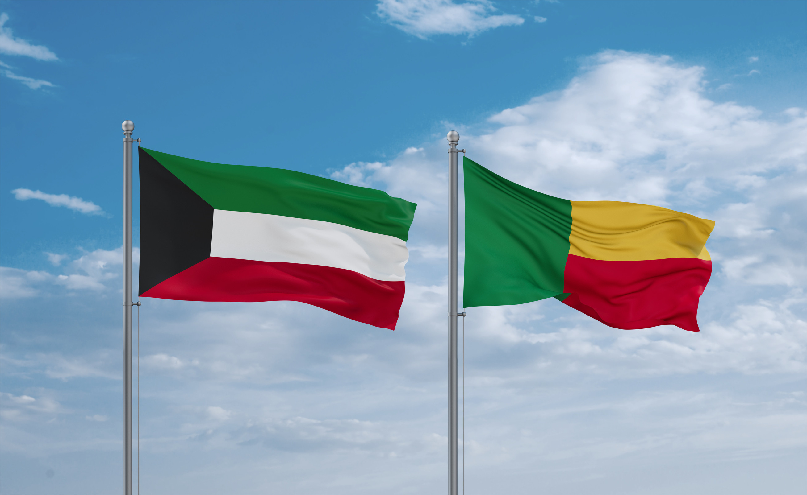 Benin And Kuwait Flags Waving Together