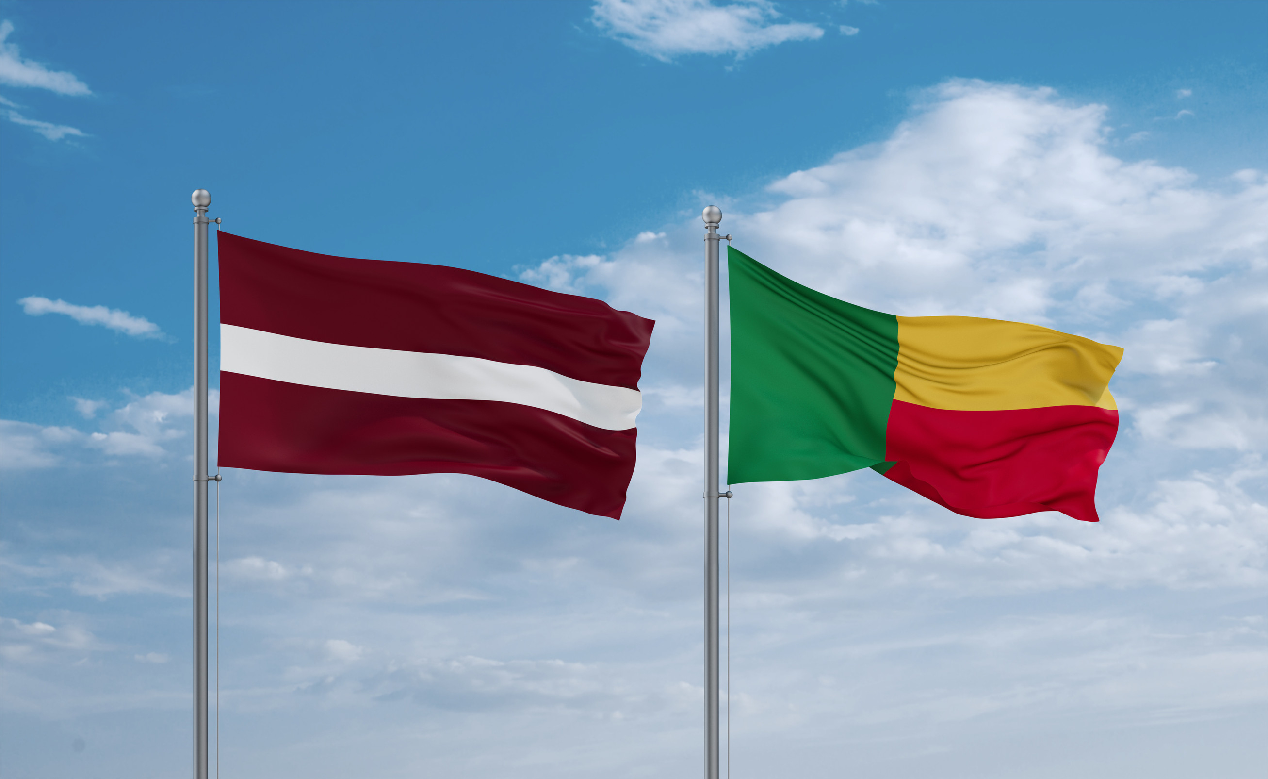 Benin And Latvia Flags Waving Together