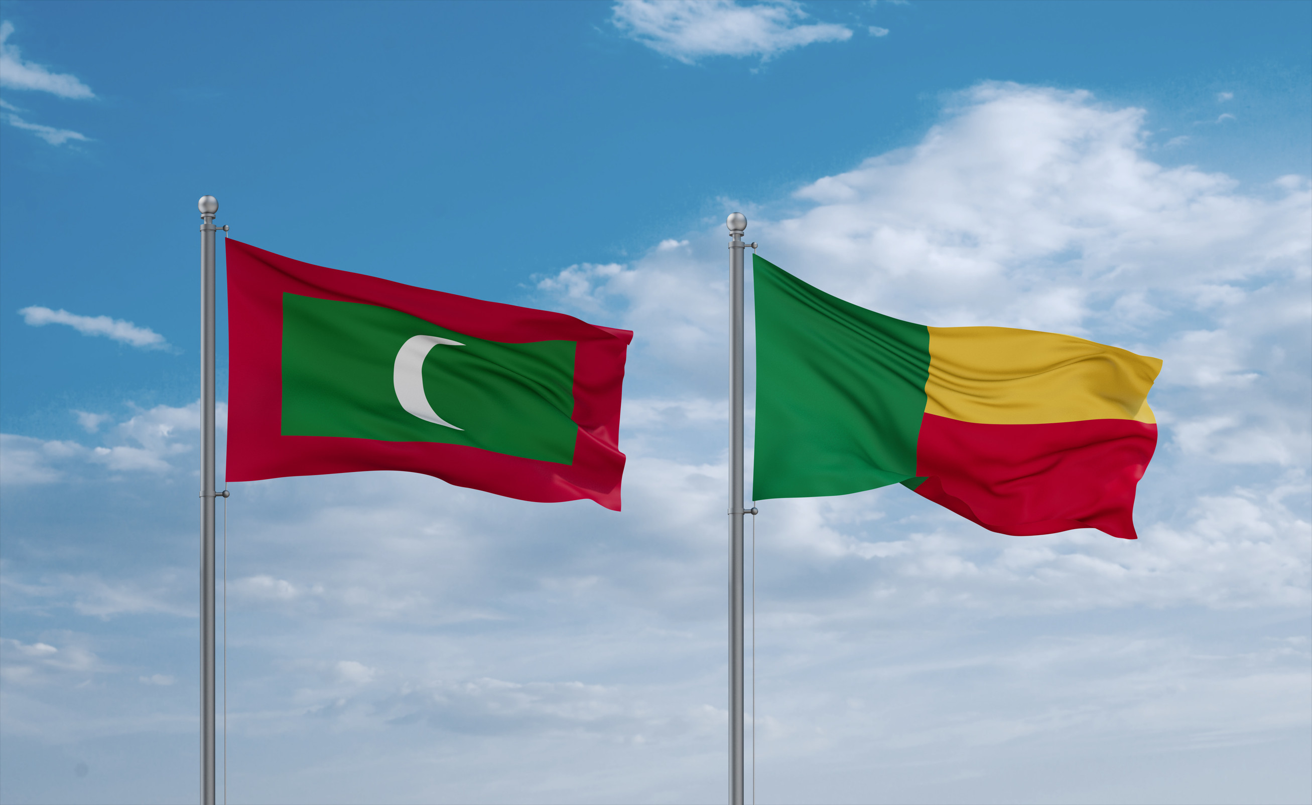 Benin And Maldives Flags Waving Together