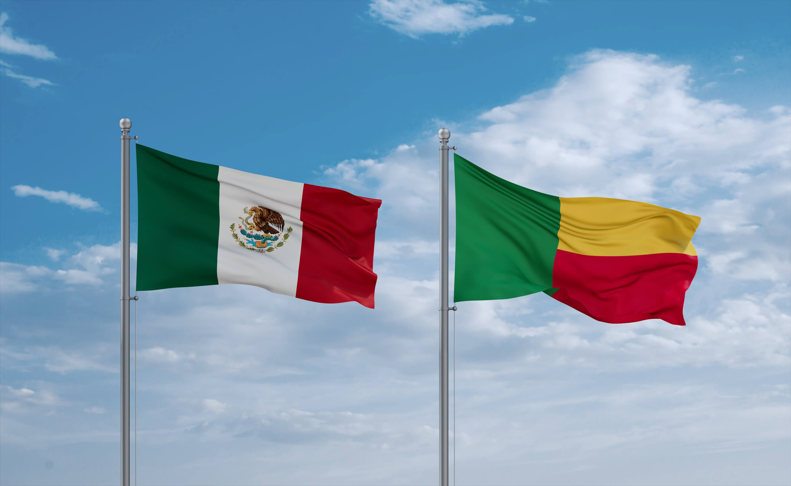 Benin And Mexico Flags Waving Together