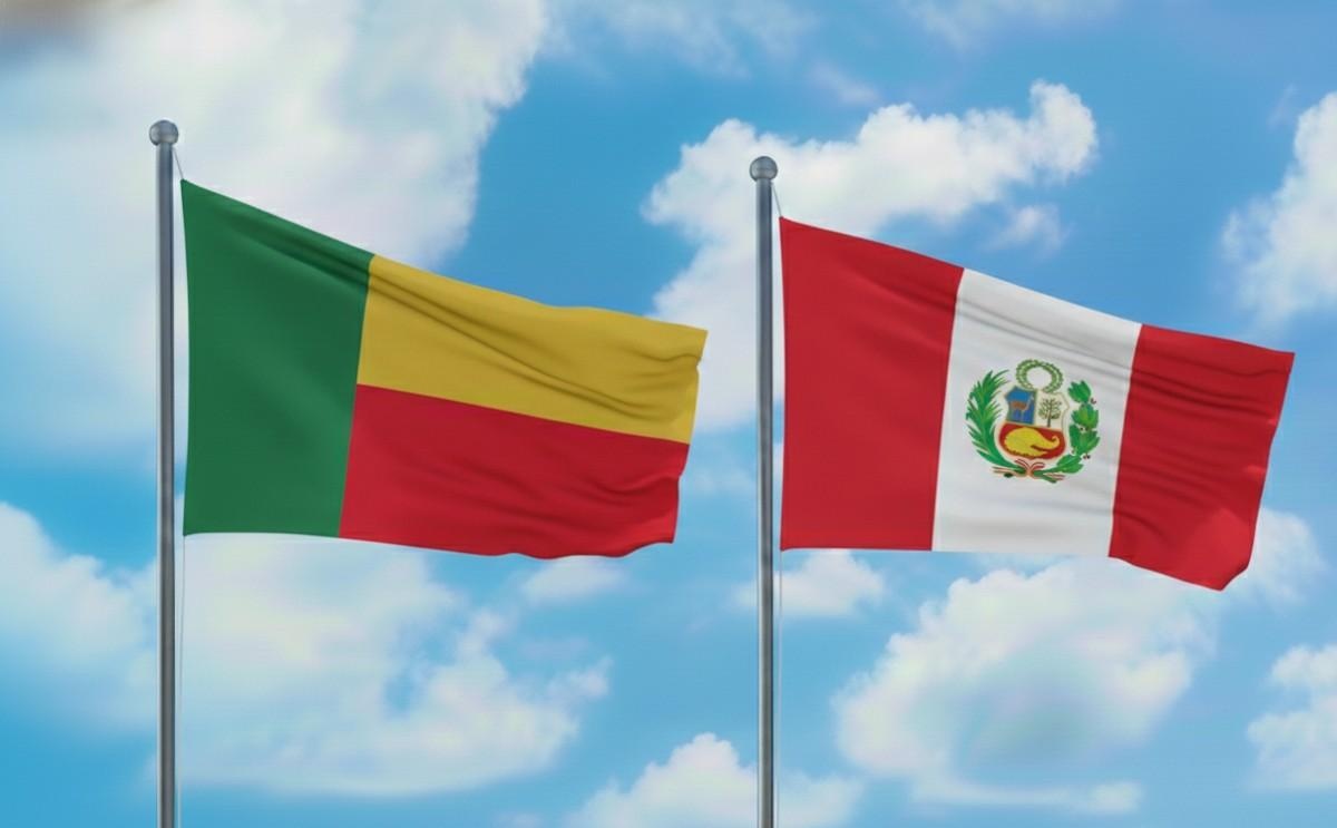 Benin And Peru Flags Waving Together
