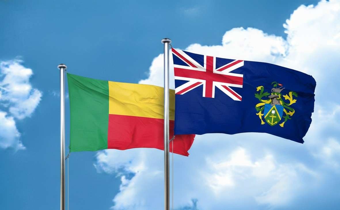 Benin And Pitcairn Flags Waving Together
