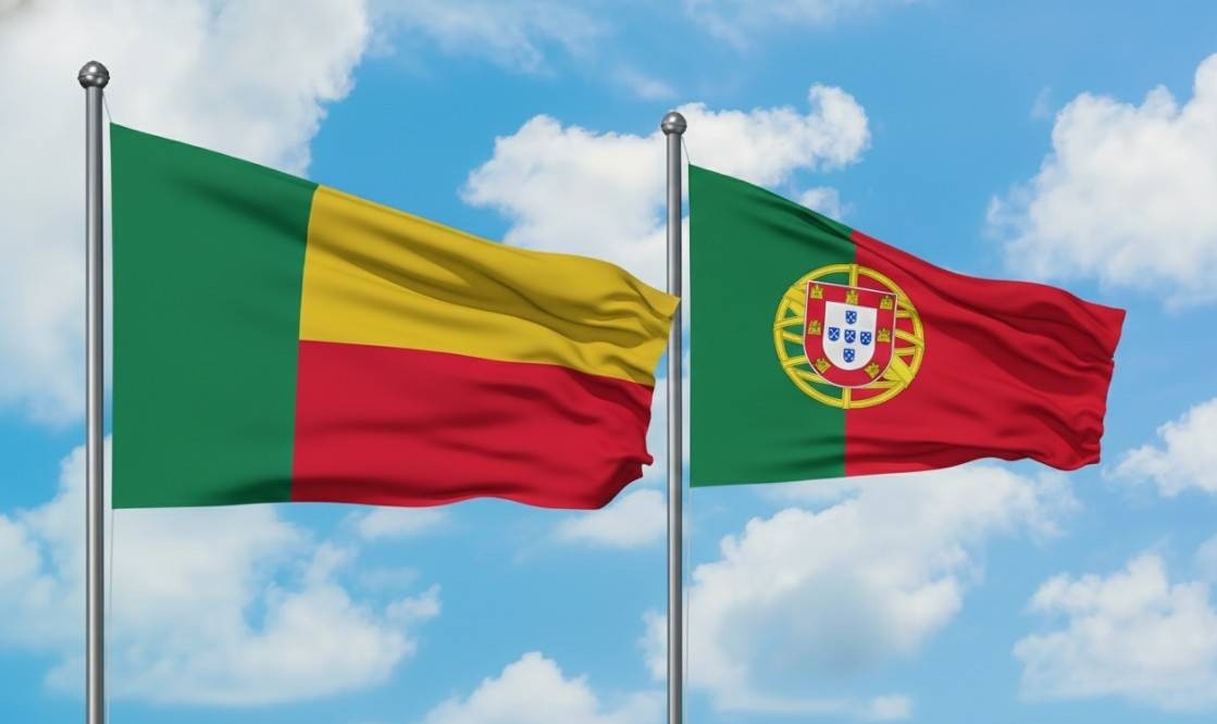 Benin And Portuguese Flag Waving