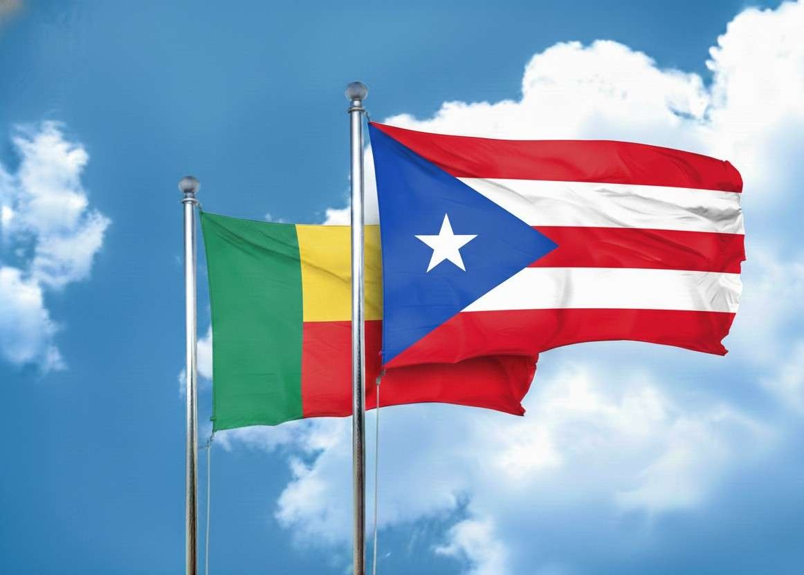 Benin And Puerto Rico Flags Waving Together