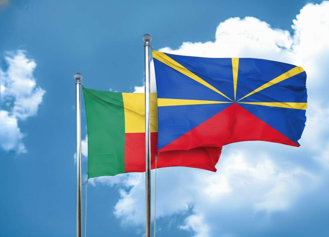 Benin And Reunion Flags Waving Together