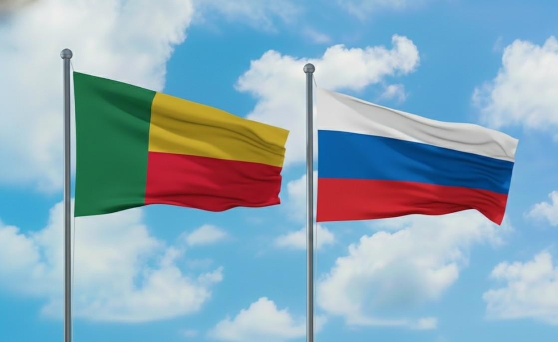 Benin And Russia Flags Waving Together