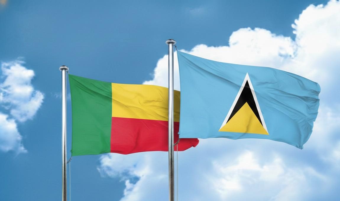 Benin And Saint Lucia Flags Waving Together