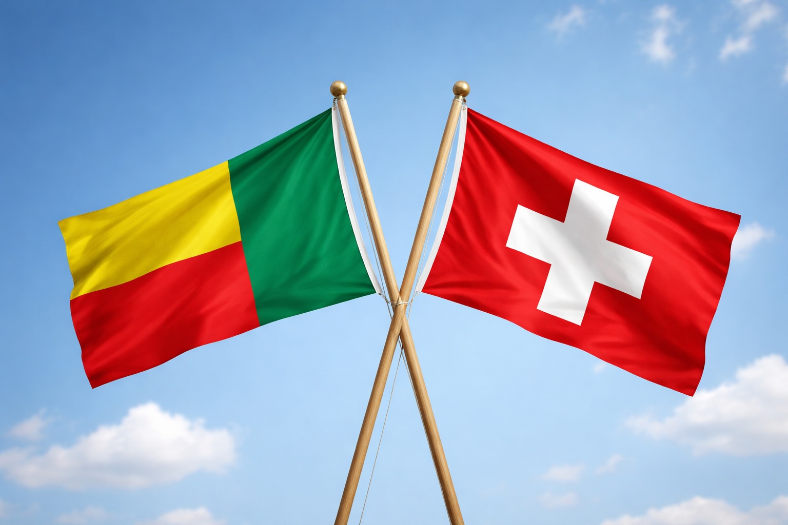 Benin And Switzerland Flags Waving Together