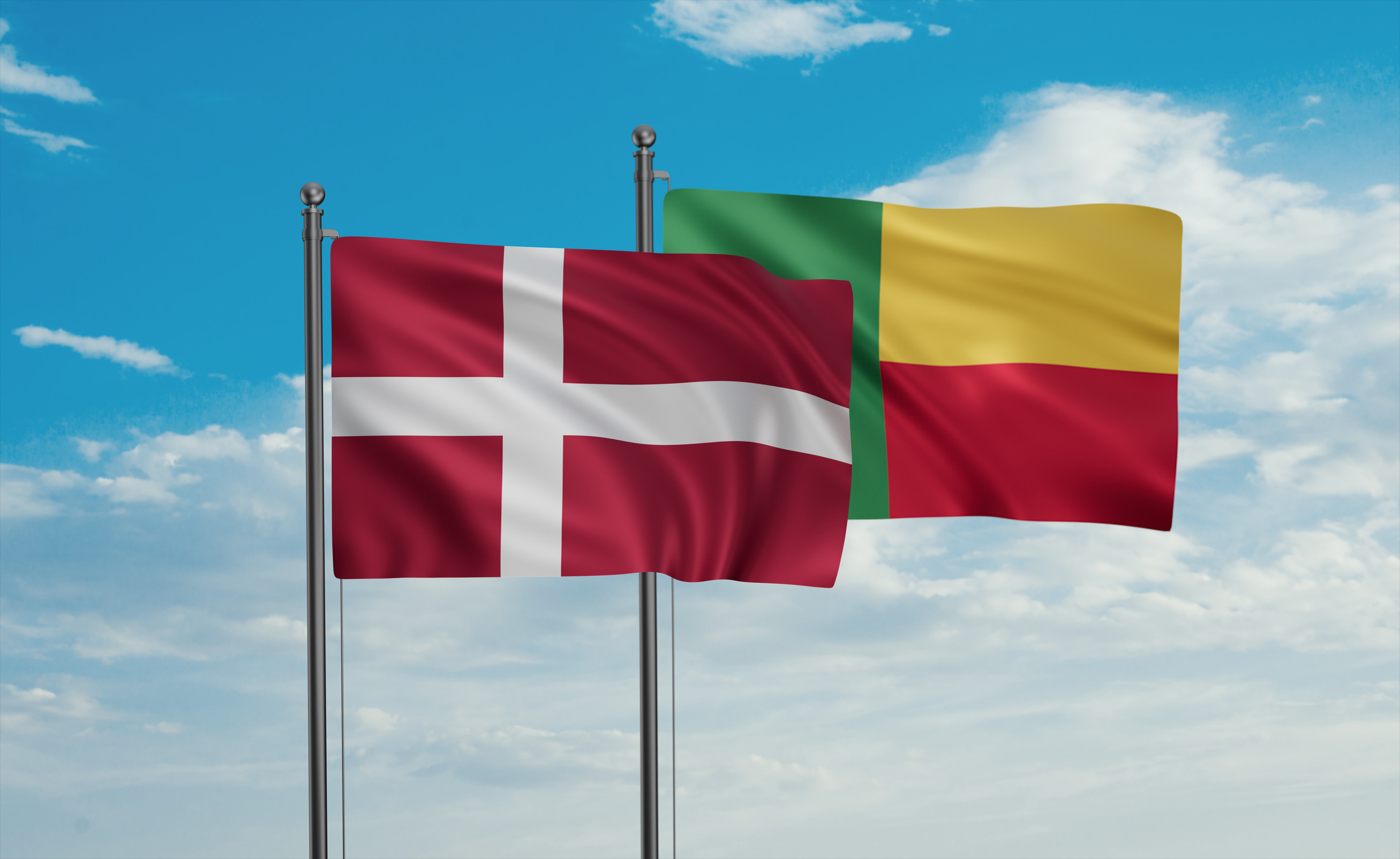 Benin Flag And Denmark Flag Waving Together