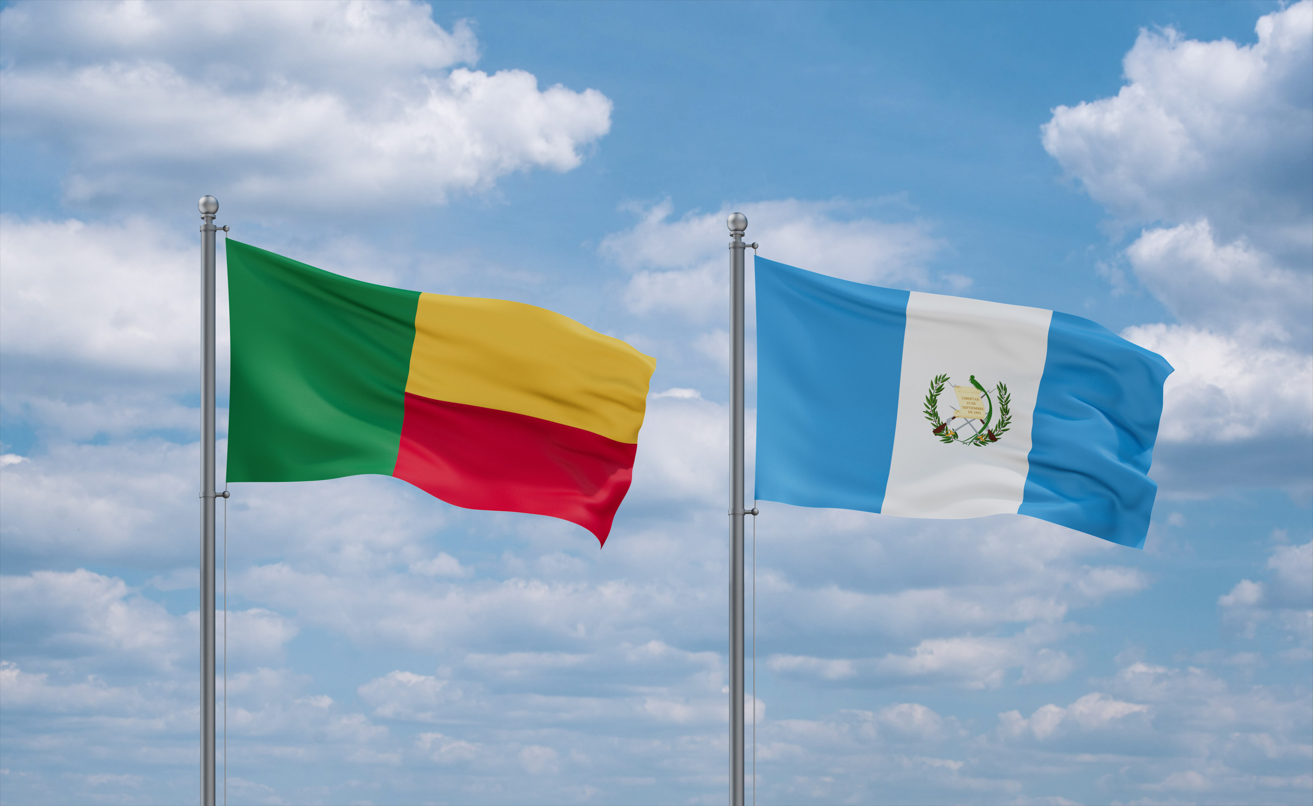 Guatemala And Benin Flags Waving Together