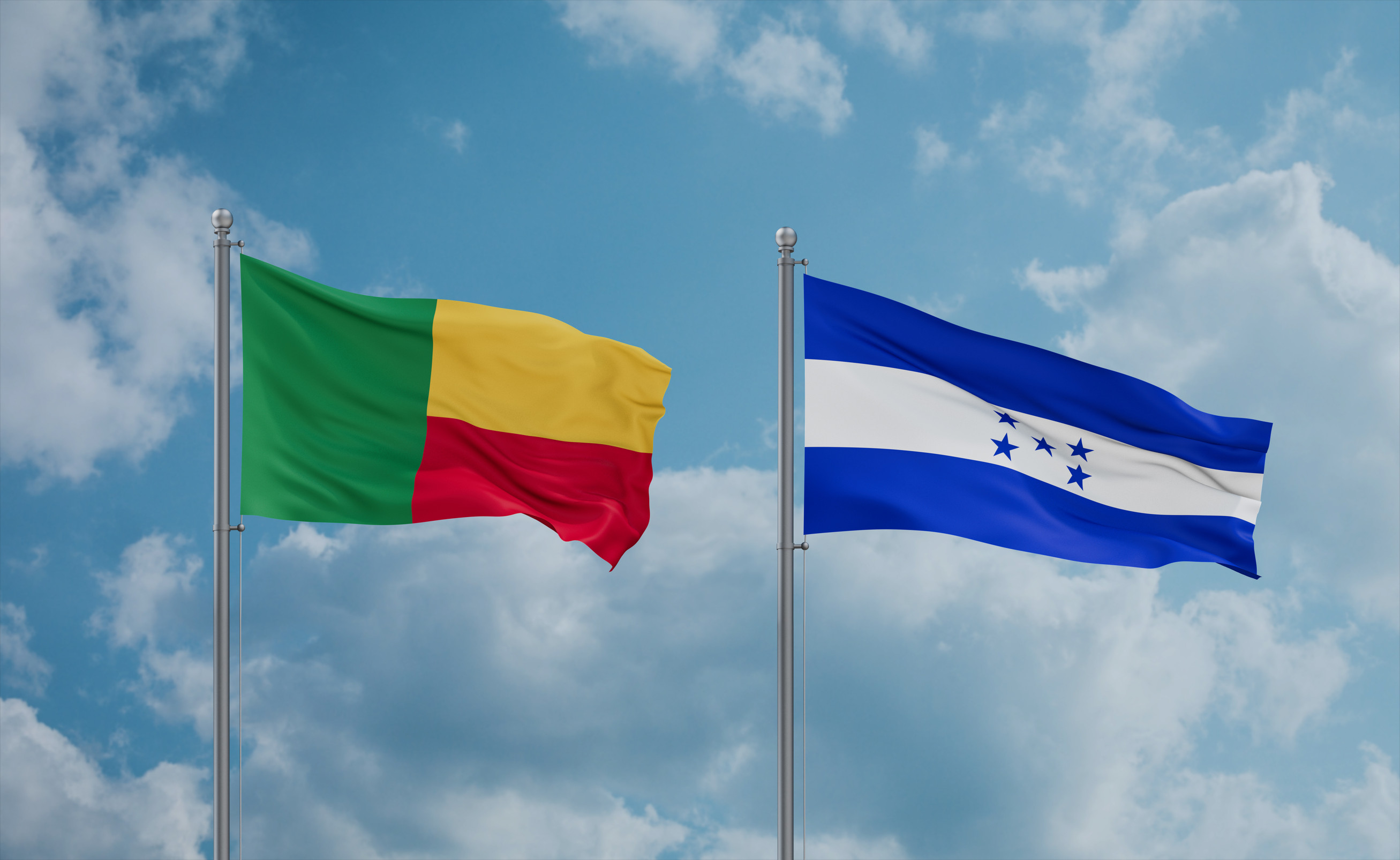 Honduras And Benin Flags Waving Together