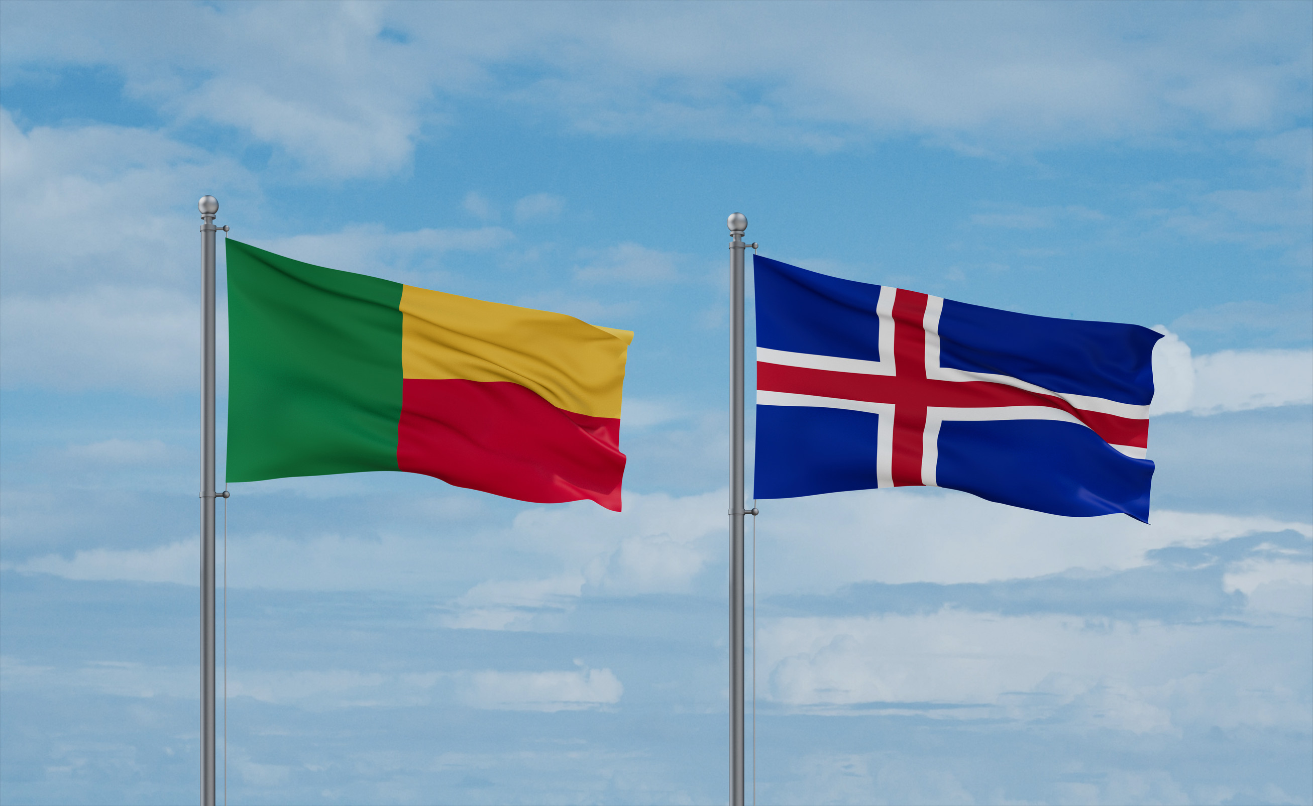 Iceland And Benin Flags Waving Together