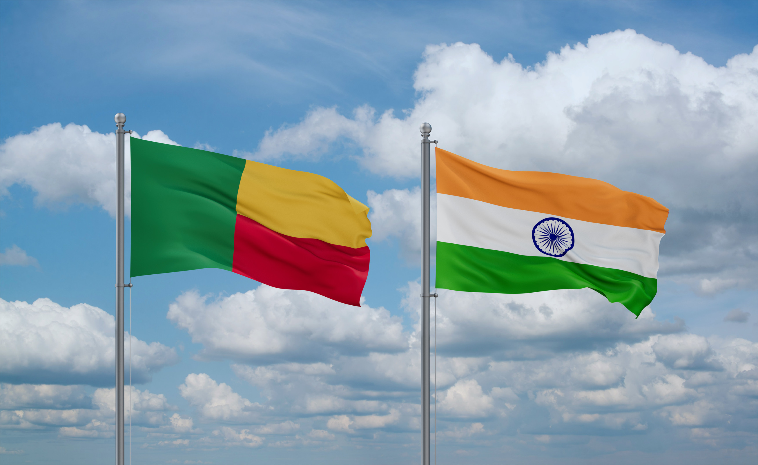 India And Benin Flags Waving Together