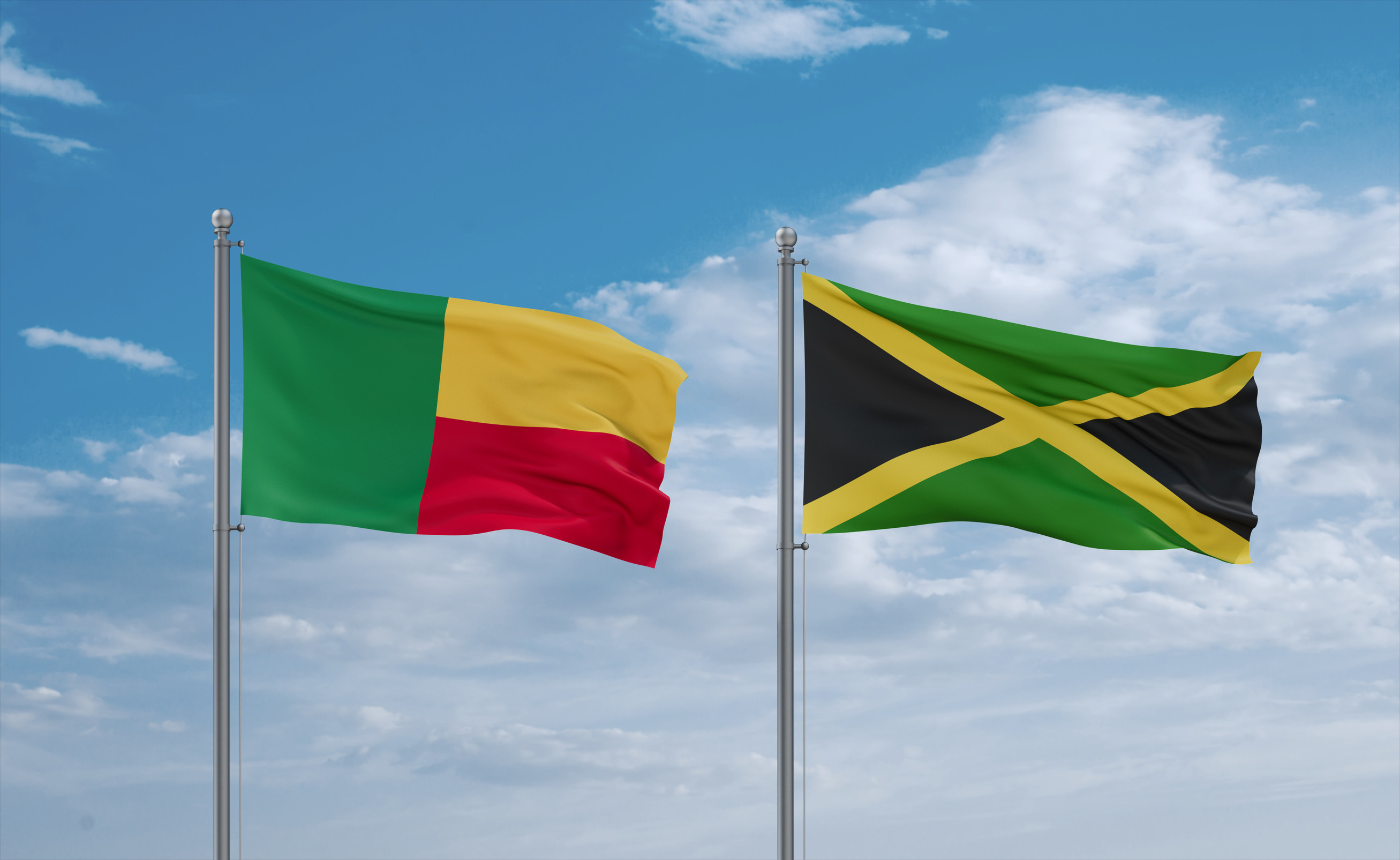 Jamaica And Benin Flags Waving Together