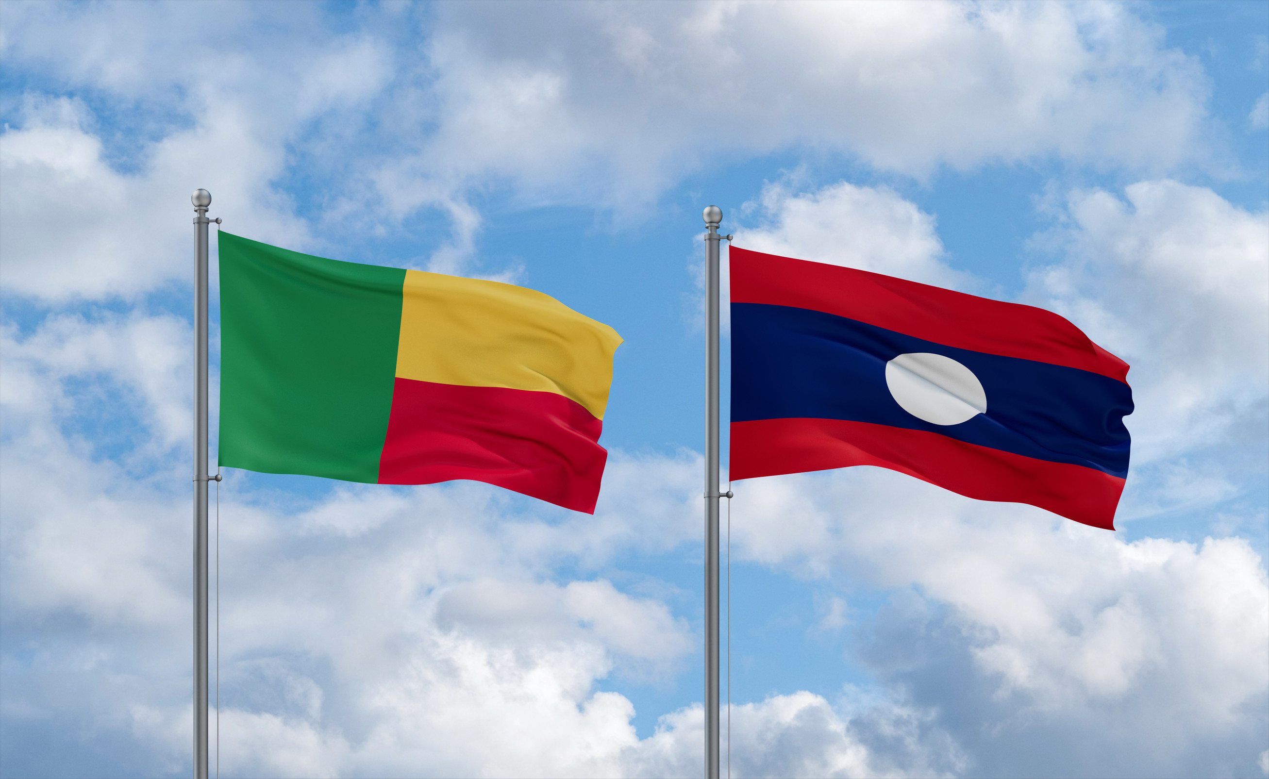 Laos And Benin Flags Waving Together