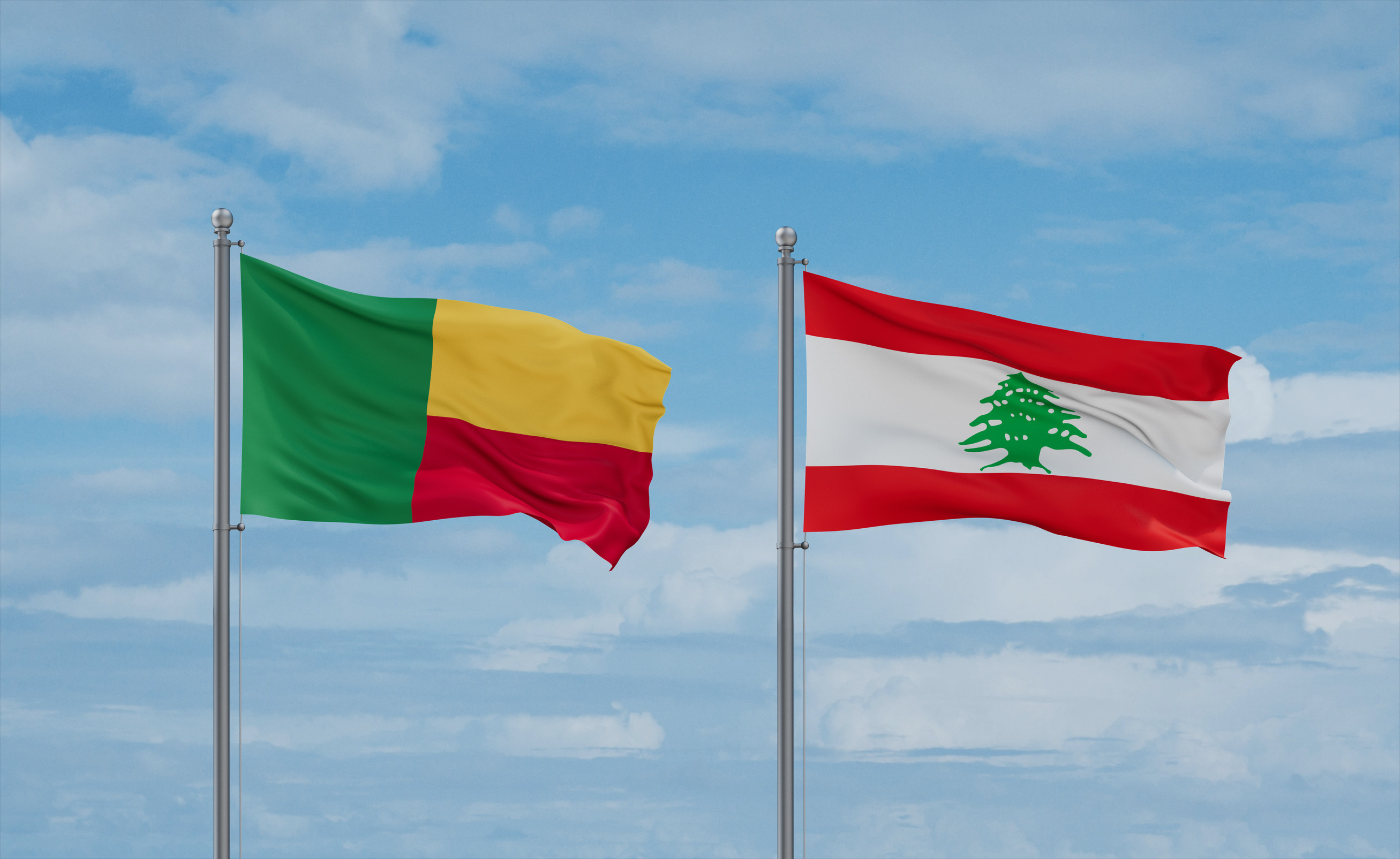Lebanon And Benin Flags Waving Together