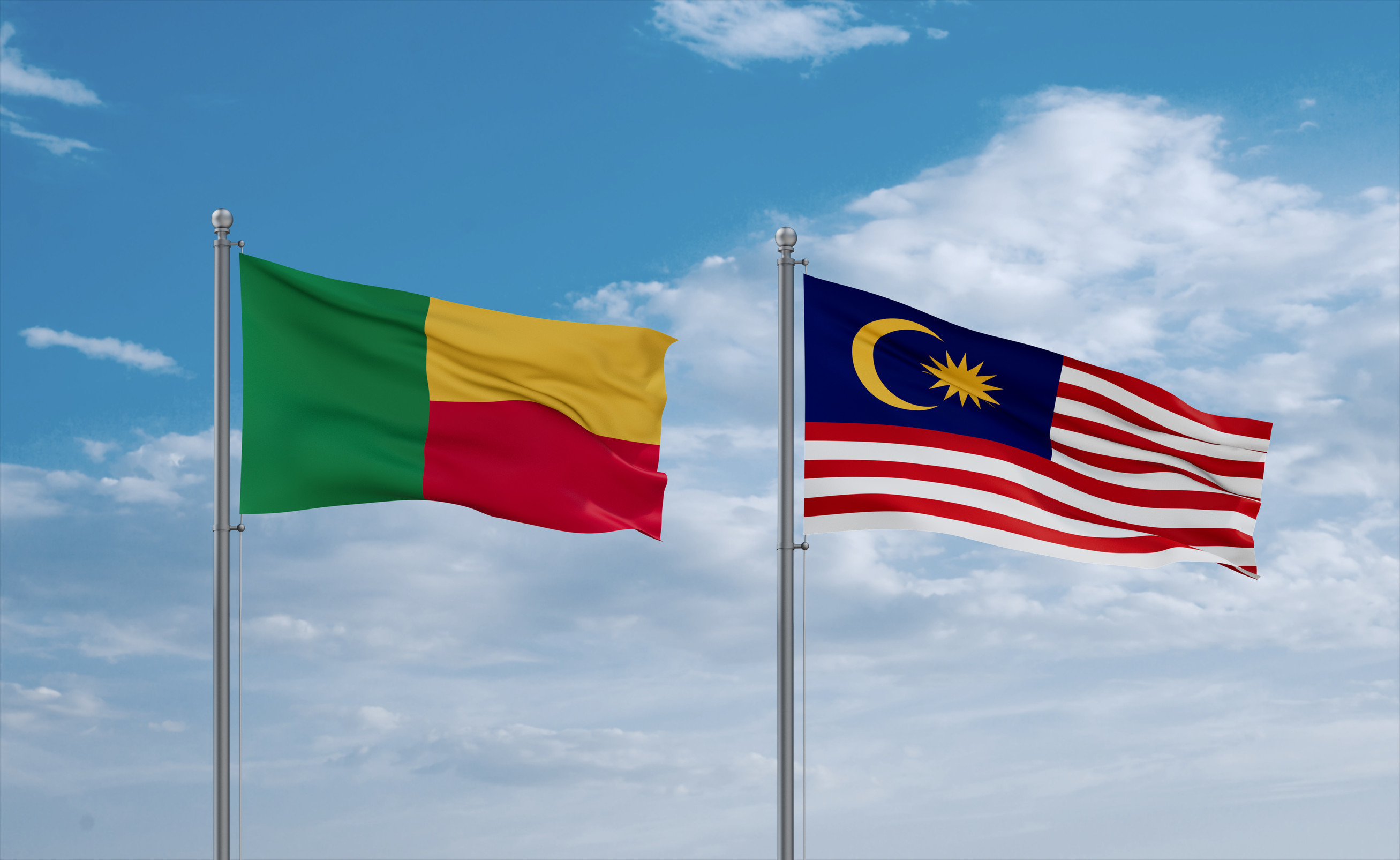 Malaysia And Benin Flags Waving Together