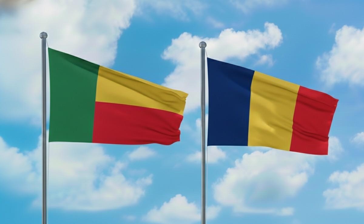 Benin And Romania Flags Waving Together