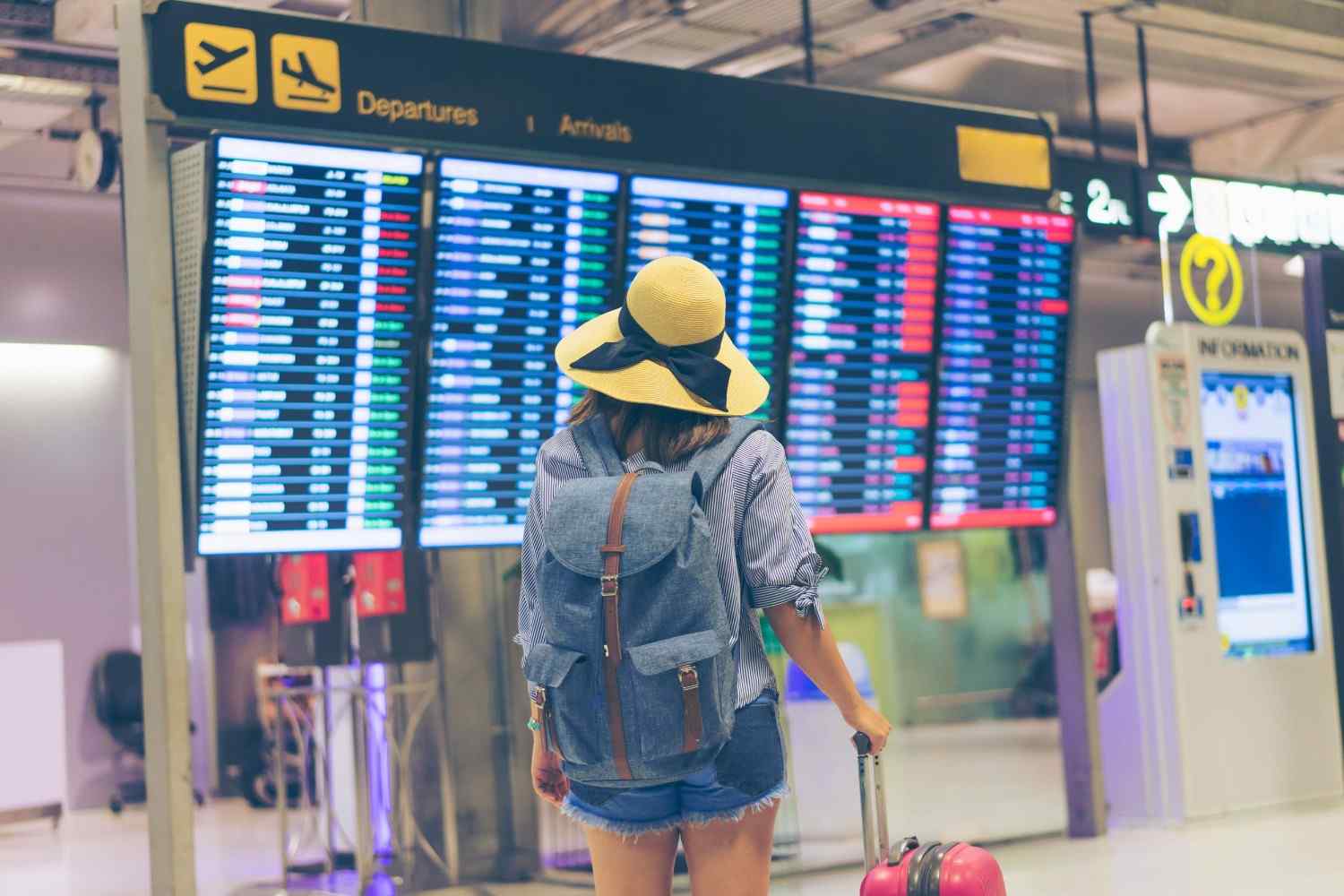 Traveller Checking Her Flight Information At The Airport Terminal