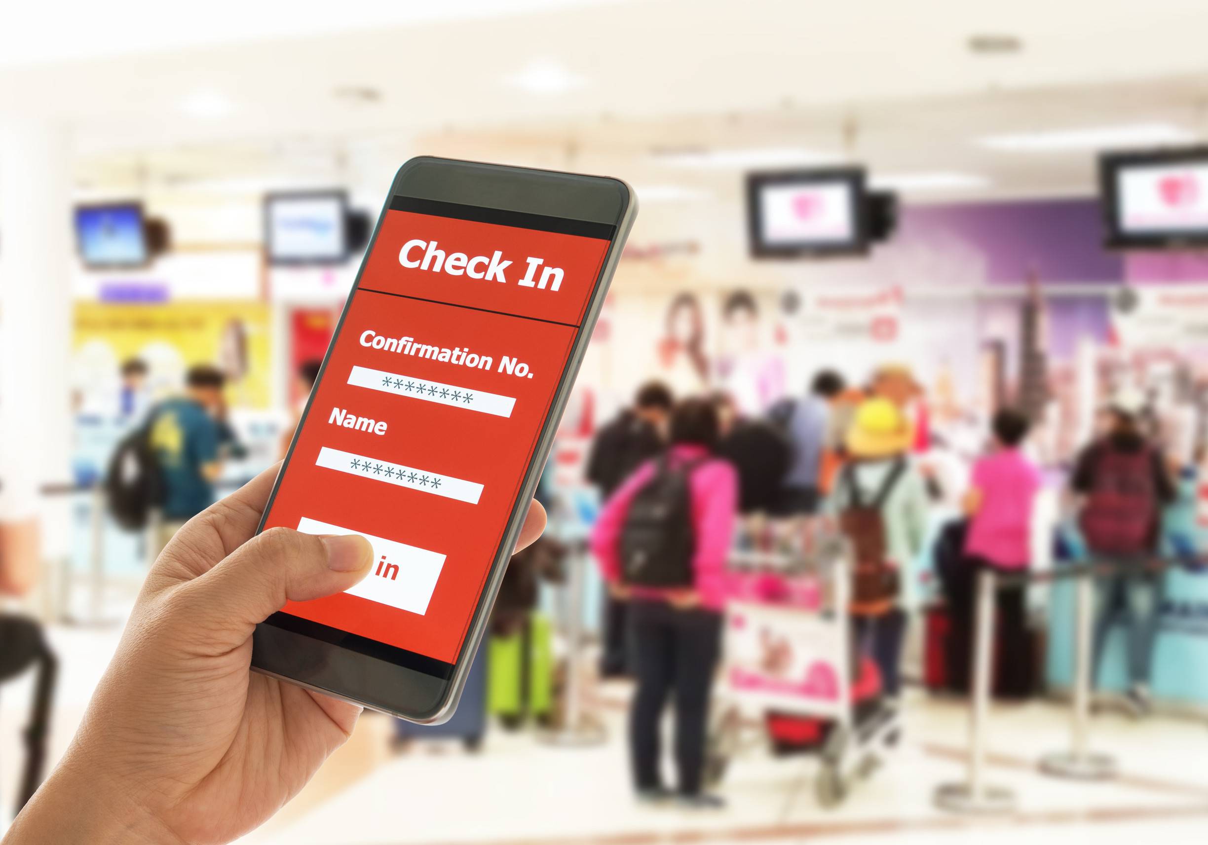 Using Mobile Smart Phone Check In Airport Flight Traveling Concept